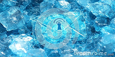 Blue crystal envelope locked in ice, symbolizing secure communication, frozen data, and cutting edge encrypted messaging in a u Cartoon Illustration