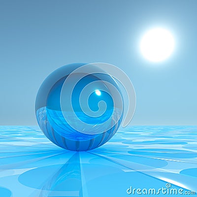 Blue Crystal Sphere on surreal horizon Stock Photo