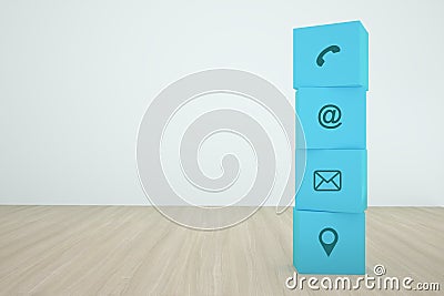 Blue cube block stacking with contact Icon arranging In a row on wood background. Concept of business strategy and action plan Stock Photo