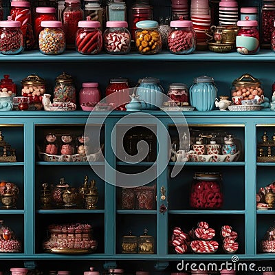 Blue cupboard filled with candy jars and baking pans (tiled Stock Photo