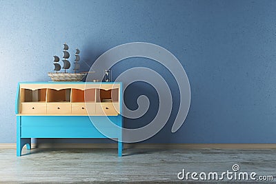Blue cupboard with ship in interior Stock Photo