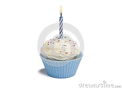 Blue Cupcake and Candle Stock Photo