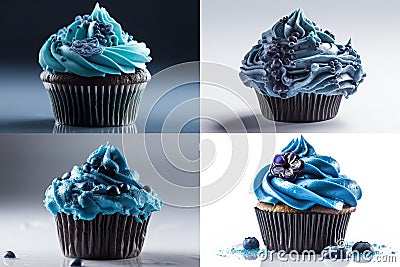 Blue Cupcake Isolated, Color Cup Cake, Delicious Blueberries Cupcake, Abstract Generative AI Illustration Stock Photo