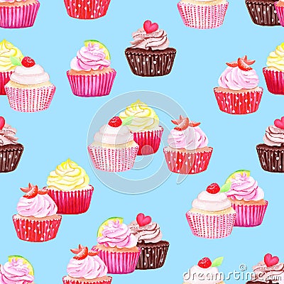 Blue cupcakes vector seamless pattern Vector Illustration