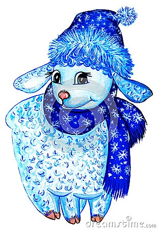 Blue curly hand-painted lamb in a New Year`s hat and scarf with a pattern on a white background. Is isolated Stock Photo