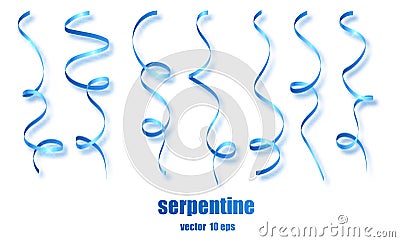 Blue curly ribbon serpentine confetti. Blue streamers set on transparent background. Colorful design decoration party Vector Illustration