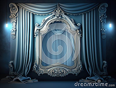 Generated AI vintage blue curtain and window frame background with romantic atmosphere Stock Photo