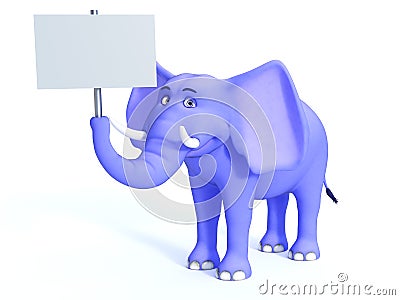 Blue cute toon elephant holding empty sign. Stock Photo