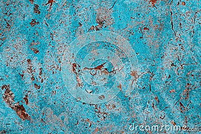 Blue cyan color facade stone wall with imperfections, holes and cracks as an empty rustic and simple texture background Stock Photo