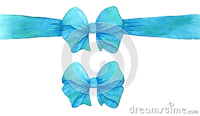 Blue cyan gift bow. watercolor turquoise bow and ribbon. illustration on white background Cartoon Illustration
