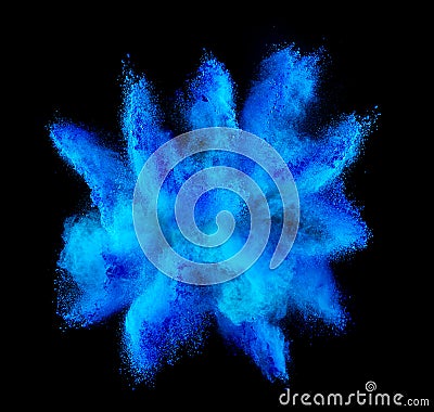 Blue cyan holi paint color powder explosion isolated dark black background. industry beautiful party festival concept Stock Photo