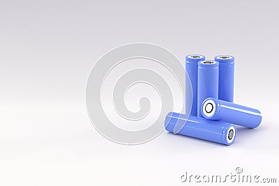 5 blue cylindrical batteries on a light gray background. Storage battery or secondary cell. Rechargeable li-ion Stock Photo