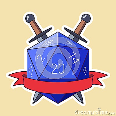 Blue D20 Die With Red Ribbon and Swords. Colored Outline Style Vector Illustration