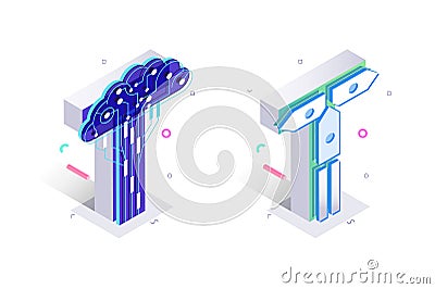 Blue 3d isometric letter T made with cellular virtual style Cartoon Illustration