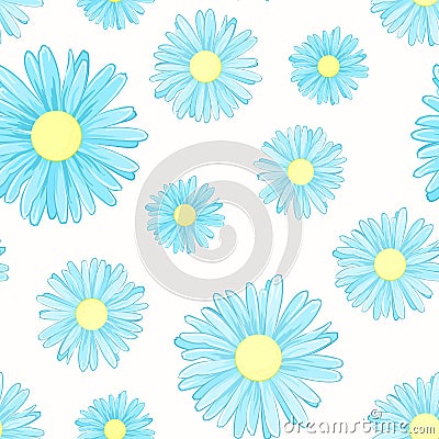 Blue daisy chamomile flowers seamless pattern Vector Illustration