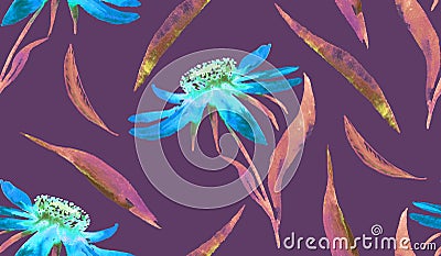 Blue daisy Echinacea flowers and leaves, hand painted watercolor illustration, seamless pattern design on purple background Cartoon Illustration