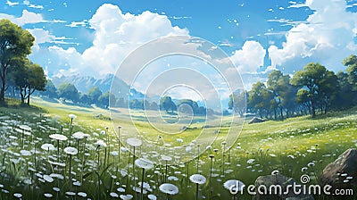 blue dandelions set against a peaceful background of swaying grass Stock Photo