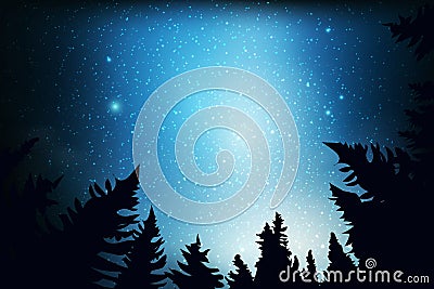Blue dark night sky with many stars above field of trees. Milky way cosmos background. Space landscape. Vector Illustration
