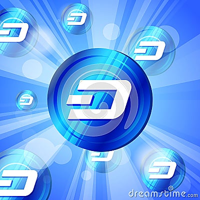 Blue dash coin cryptocurrency in the bright rays of sun effect b Vector Illustration