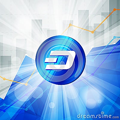 Blue Dash cryptocurrency in the bright rays on background with s Vector Illustration