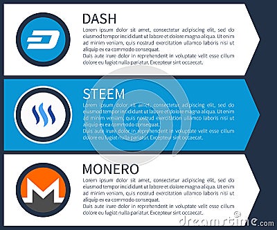 Blue Dash, White Steem and Orange with Grey Monero Vector Illustration