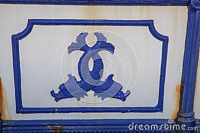 Blue decorative pattern in the shape of fish. View of Eastbourne Pier, East Sussex England UK Stock Photo
