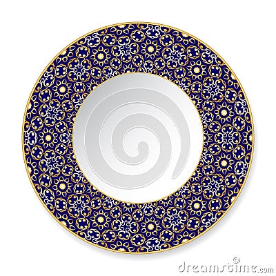 Blue decorative plate with gold pattern Vector Illustration