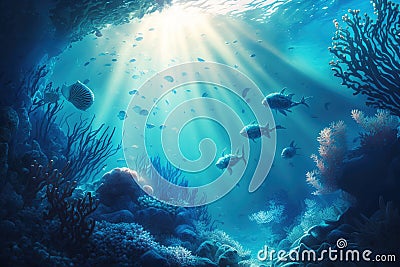 Blue Depths: Underwater Seascape Illuminated by Sunlight Stock Photo
