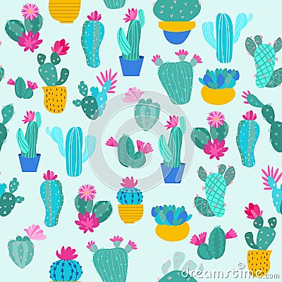 Cactus and leaves seamless pattern, blue background Stock Photo