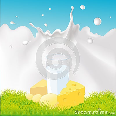 Blue design with dairy product on green grass and milk splash - vector Vector Illustration