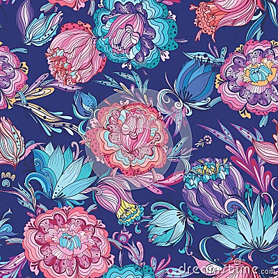 Blue Detailed Floral Vector Pattern Vector Illustration