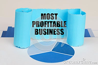 On the blue diagram and graphs there is a twisted paper plate with the inscription - Most Profitable Business Stock Photo