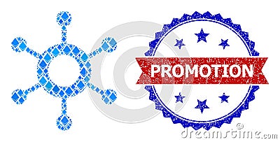 Blue Diamond Collage Central Connection Icon and Textured Bicolor Promotion Watermark Stock Photo