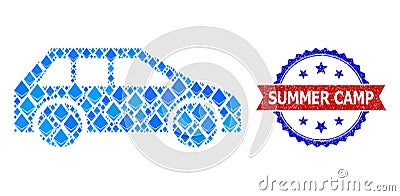 Blue Diamond Mosaic Car Icon and Scratched Bicolor Summer Camp Stamp Vector Illustration