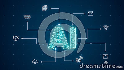 Blue digital AI LOGO with line connection and data transfer to futuristic icon technology abstract background Stock Photo