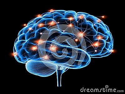Blue digital brain with bright synaptic pathways visualizing cognitive computing AI development and neurological connections Cartoon Illustration