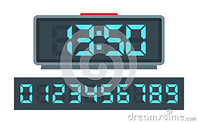 Blue digital clock and set of glowing numbers Vector Illustration