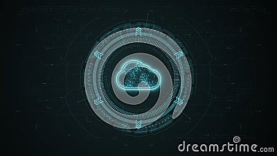 Blue digital cloud computing logo and data stroage system with rotation HUD circle technology interface and futuristic elements Stock Photo