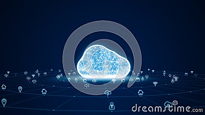 Blue digital 3D cloud logo with futuristic technology icon and line connection with circle on abstract background concept Stock Photo