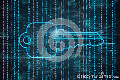 Blue digital key on coding language background. Technology and web access concept. 3D Rendering Stock Photo