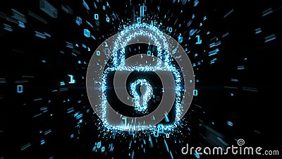 Blue digital padlock symbol illustration with streaming binary data Stock Photo