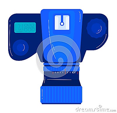 Blue digital professional camera flash equipment. Modern photography accessory from side view vector illustration Vector Illustration