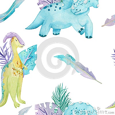 Blue dinosaur clip-art with tropical leaves watercolor seamless pattern Stock Photo