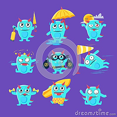 Blue Dinosaur In Different Situations Vector Illustration