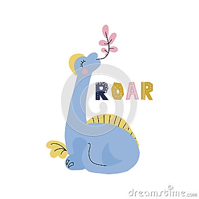 Blue dinosaur with long neck and yellow crest flat hand drawn cartoon illustration. Vector clipart of scandinavian style character Cartoon Illustration