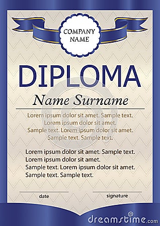 Blue diploma or certificate or vertical template. The text on s Vector Illustration
