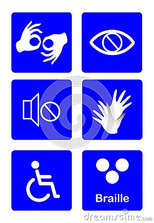 Blue disability symbols and signs collection, may be used to publicize accessibility of places, and other activities for Vector Illustration