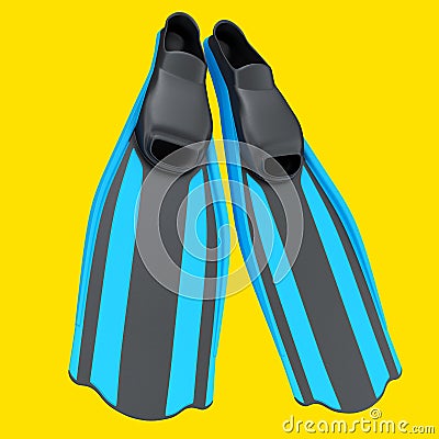 Blue diving flippers isolated on yellow. 3d render of snorkeling equipment Stock Photo