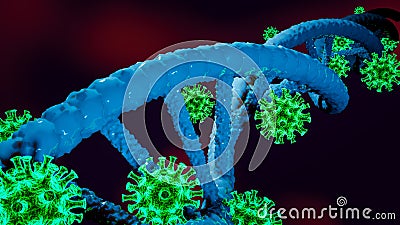 Blue DNA structure on blurred background attacked by SARS-CoV-2 Coronavirus - 3D Illustration Stock Photo