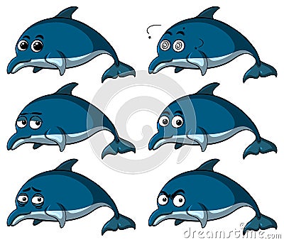 Blue dolphins with different emotions Vector Illustration
